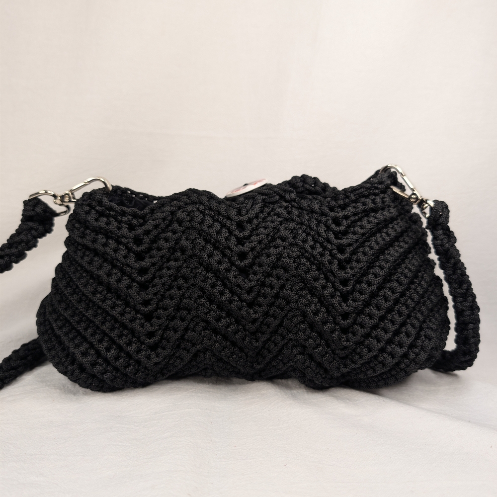 The Braided Jewel Hand Crocheted Black Chevron Crossbody Bag Lined - Picture 3 of 8